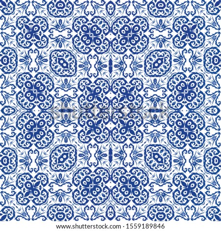 Ethnic ceramic tile in portuguese azulejo. Vector seamless pattern illustration. Fashionable design. Blue vintage ornament for surface texture, towels, pillows, wallpaper, print, web background.