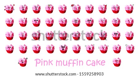 Pink cupcake or khanom thuay fu isolated on white background. Set of cute cartoon feelings.Thai rice flour muffin cake for food dessert concept.