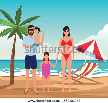 avatar family and little kids at the beach, colorful design. vector illustration