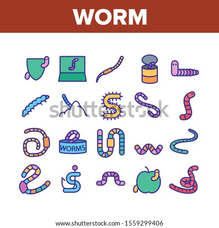 Worm Insect Animal Collection Icons Set Vector Thin Line. Worm In Apple And Bait On Fishing Hook, On Shield And In Container Concept Linear Pictograms. Color Contour Illustrations