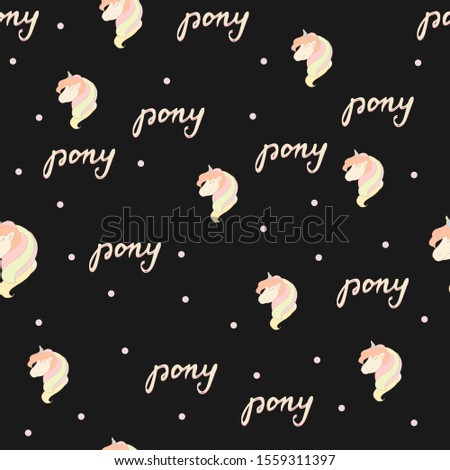 Seamless pattern. Pony on a black background. Unicorn. Vector. Decor element. Children's illustration