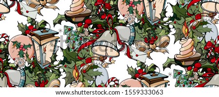 Vector colored sketch print of Christmas objects - seamless background. Endless pattern with  Hand-drawn design elements isolated on white. Stylish illustration for New year. 