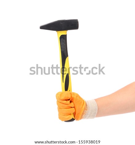 Man hand holding hammer. Isolated on a white background.