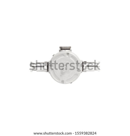 Grey metal junction box for wiring with three inputs for indoor and outdoor use isolated on white background