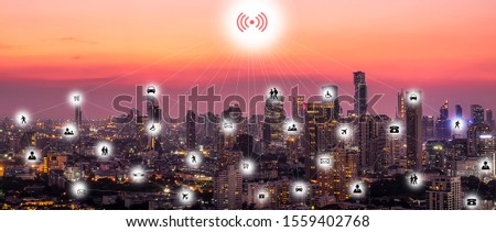 Wifi icon and city scape and network connection concept, Smart city and wireless communication network