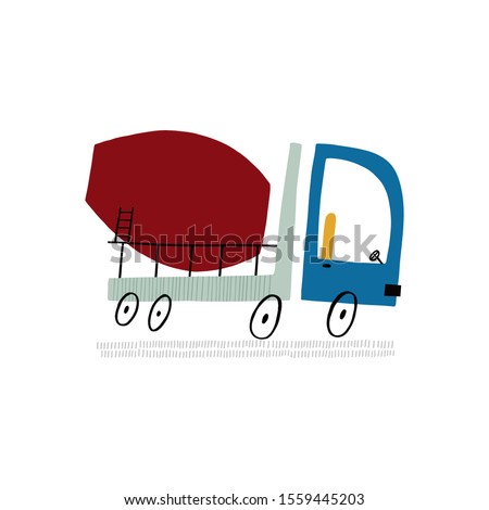 Baby print with cement mixer truck. Hand drawn graphic for typography poster, card, label, brochure, flyer, page, banner, baby wear, nursery.  Scandinavian style. Blue, yellow, red Vector illustration