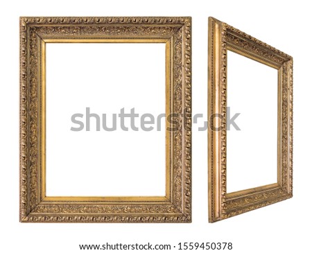 Golden frame for paintings, mirrors or photo in frontal and perspective view isolated on white background