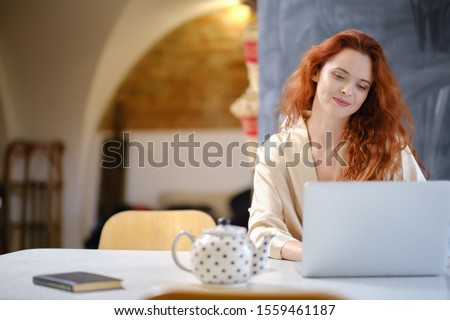 Pretty beautiful woman working on a laptop at the window in the house