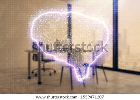 Brain sign hologram with minimalistic cabinet background. Double exposure. Ai concept.