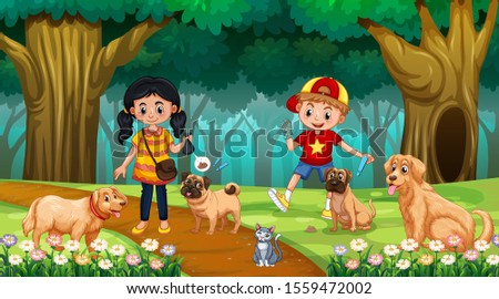 Children with dogs in wood scene illustration