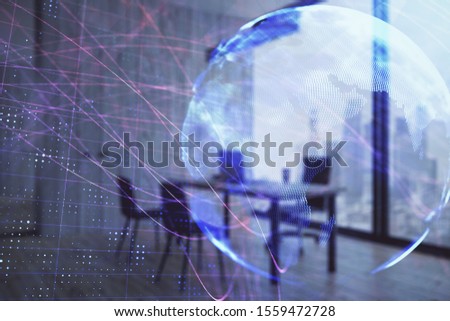 World map hologram and minimalistic cabinet interior background. Double exposure. International business concept.