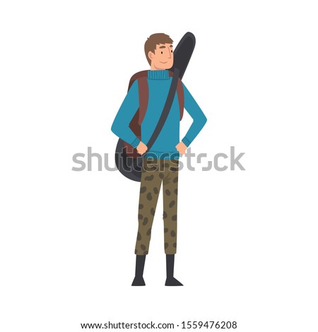 Male Tourist Standing with Backpack and Guitar, Summer Travel, Camping, Backpacking Trip or Expedition Vector Illustration