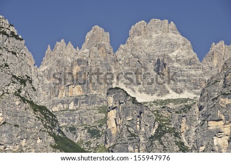 Brenta massif mountain peaks as seen from the East, Brenta Dolomites, Trentino, Italy