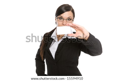 successful brunette businesswoman with banner