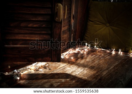 Wooden window sill and empty place for your decoration.Christmas time and winter cold day.Copy space. 