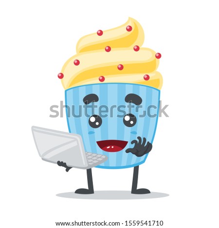 vector illustration of adorable cake mascot presentation with laptop in white background 