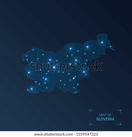 Slovenia map with cities. Luminous dots - neon lights on dark background. Vector illustration. 
