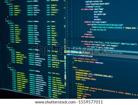 Javascript lines of code for website application. Script language for software development. Vue routes, java routes, vue js routes, markup Royalty-Free Stock Photo #1559577011
