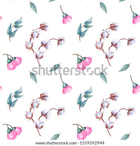 A trendy and tender watercolor pattern of blue-green sprigs of eucalyptus, pink eucalyptus flower and cotton. Hand drawn isolated on a white background.