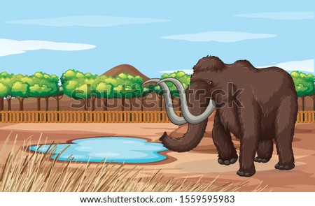 Scene with woolly mammoth in the field illustration