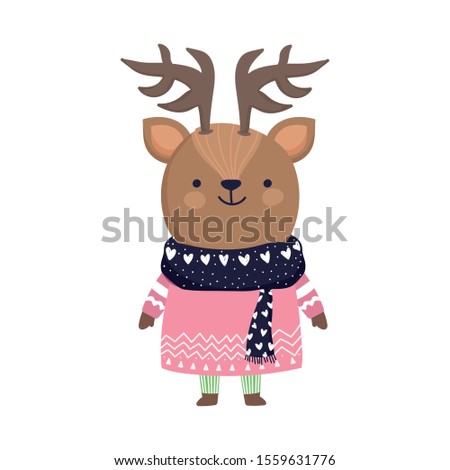 merry christmas celebration cute deer with sweater and scarf vector illustration