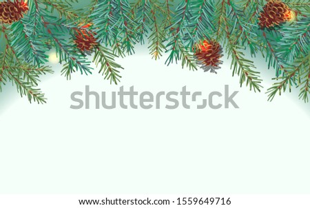 Border of green Christmas tree branches and pine cones on white background. Sparkling holiday lights. Vector illustration