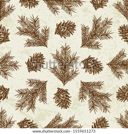 Vintage winter seamless pattern with fir branches and cones. Decorative background for Christmas and new year. Hand drawn vector pattern.