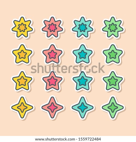 Set of vector stars in sticker style. Holiday decoration and party magic objects. Quality and rate elements for your designs.
