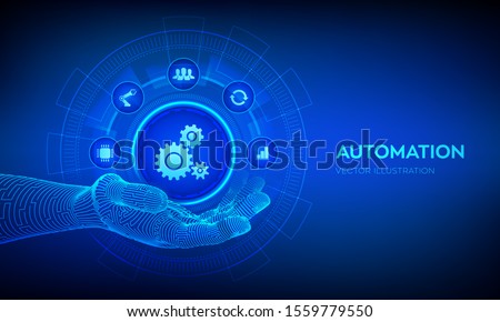 IOT and Automation Software concept as an innovation, improving productivity in technology and business processes. Automation icon in robotic hand. Vector illustration. Royalty-Free Stock Photo #1559779550