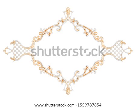 White ornament frame with gold patina on a white background. Isolated. 3D illustration
