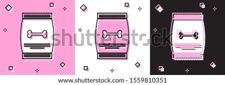 Set Bag of food for pet icon isolated on pink and white, black background. Food for animals. Dog bone sign. Pet food package.  Vector Illustration