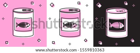 Set Canned food for cat icon isolated on pink and white, black background. Fish skeleton sign. Food for animals. Pet dog food can.  Vector Illustration