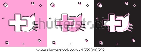 Set Veterinary clinic symbol icon isolated on pink and white, black background. Cross with cat veterinary care. Pet First Aid sign.  Vector Illustration