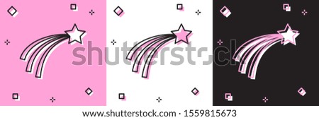 Set Falling star icon isolated on pink and white, black background. Shooting star with star trail. Meteoroid, meteorite, comet, asteroid, star icon.  Vector Illustration