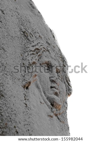 Shield on statue of the roman godess Minerva isolated on white in Ostia Antica, Rome, Italy. Selective focus