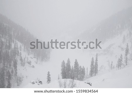 Winter landscape with heavy snowfall in mountains and gray sky
