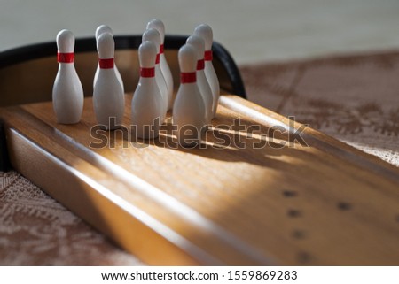 Closeup of a wooden mini bowling game set and pins