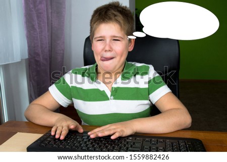 Funny picture with bubble idea little boy looks into screen at computer.