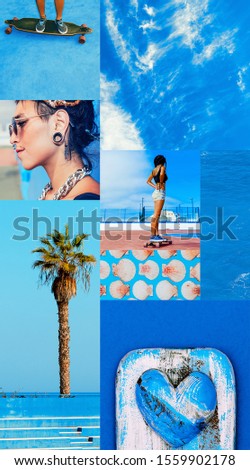 Fashion aesthetic moodboard.  Summer time. Blue sea vibes