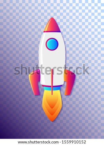 Rocket icon, spaceship launcher vector design. Exploration rocket icon illustration isolated. Cartoon space ship take off, flying ricketship, launch fire flames. Spacecraft with blue porthole