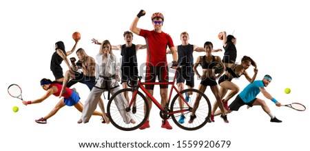 Sport collage. Cycling, running, fitness, bodybuilding, tennis, fighter and basketball players. Mixed image. On white background