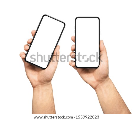 Male hand holding the black smartphone  blank screen with modern frameless design, two positions vertical and rotated - isolated on white background Royalty-Free Stock Photo #1559922023