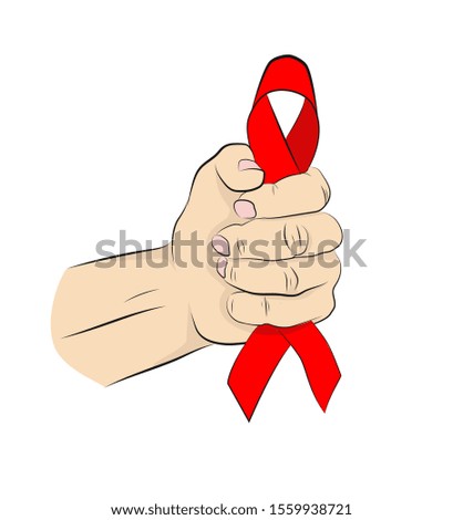 hand squeezes a red ribbon. AIDS disease symbol. concept of not giving up before an illness. vector illustration.