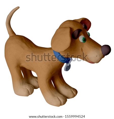 Happy cartoon puppy, cute little dog. Dog friend, handmade with plasticine. Isolated on white background – Image