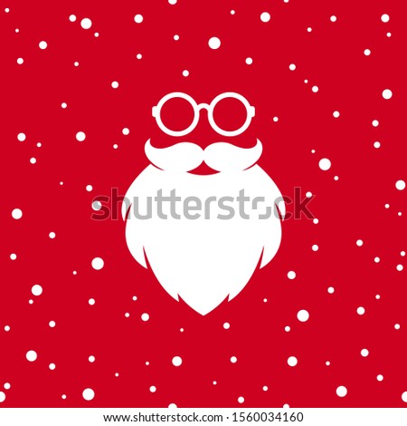 Santa claus face silhouette with beard, glasses and snowflakes  isolated on red background. Label for party or greeting card. Vector flat illustration. Merry christmas clip art.