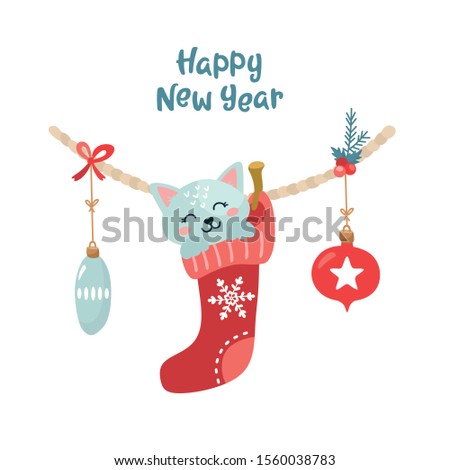 New Year card with a cute cat in a sock. Festive garland with Christmas decor and balls. Cute New year character. 