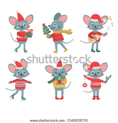 Vector collection of New Year symbol. Mouse, Rat horoscope sign. Cute mice with Santa hat, fir, gifts, guitar. Illustration of Christmas decor and funny mouse. 