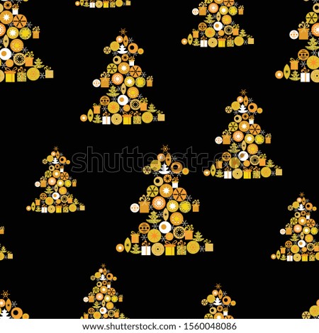 Vector seamless pattern with Christmas patterns on black background. Merry Christmas! Happy New Year!