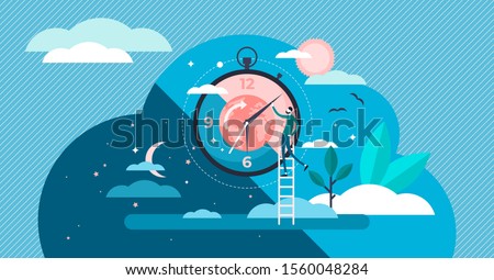 Daytime cycle tiny person flat vector illustration. Natural planet movement around the sun. Daily morning till evening routine. Healthy human Circadian sleep rhythm system. Earth science and astrology Royalty-Free Stock Photo #1560048284