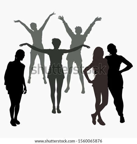 Vector silhouettes of six young girls. Three girls in shorts with arms raised up and extended to the side. A couple of women are standing embracing. Silhouette of a girl with a bag over his shoulder.